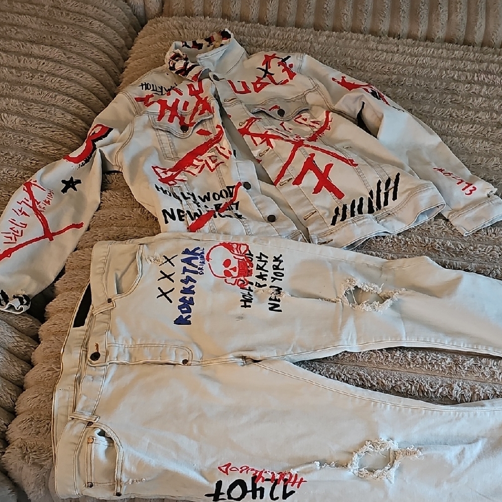 Men's Graphic Denim Jacket in White and Red
